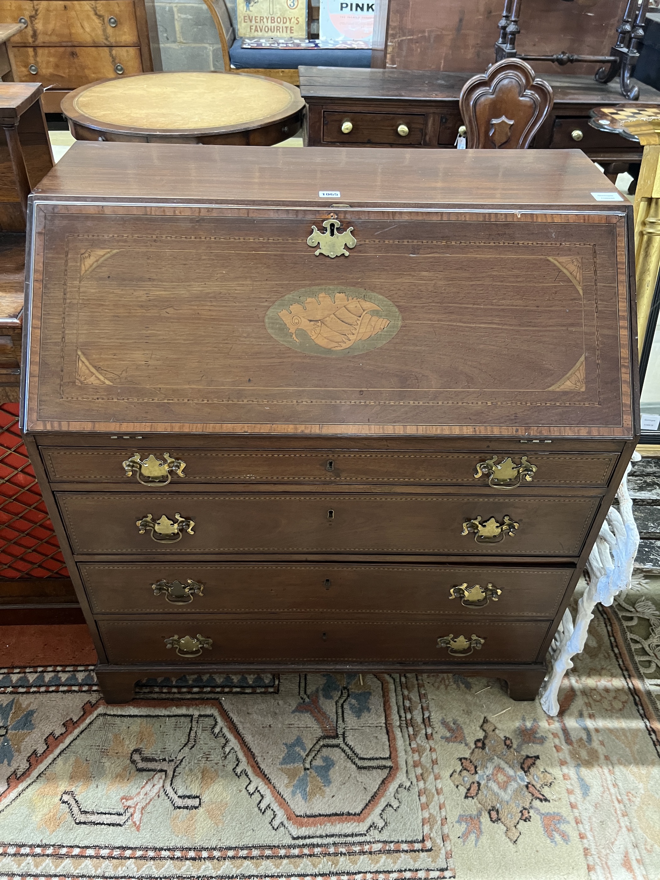 An Edwardian inlaid mahogany bureau, width 90cm, depth 52cm, height 99cm